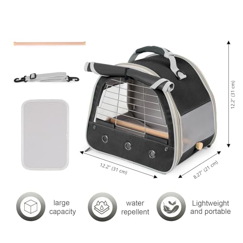 Bird Travel Carrier Cage, with Stainless Steel Metal Window and Wood Perch, Portable Bag for Cockatiel Parakeet Conure Green Cheek Budgie (Black, Steel Window) - color: Black