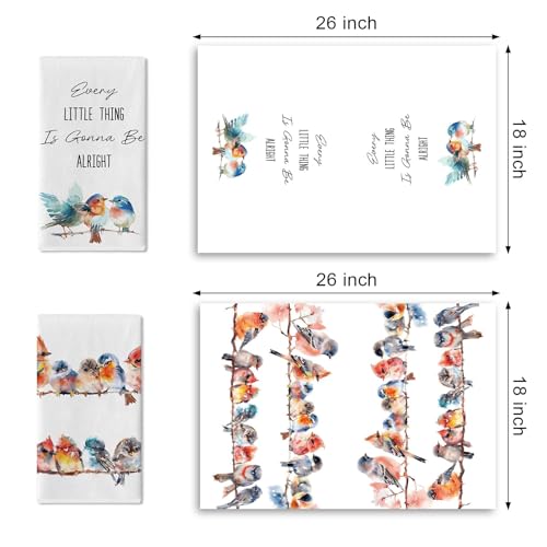 Inspirational Watercolor Birds Kitchen Dish Towels Set of 2 | Every Little Thing is Gonna Be Alright Drying Hand Towel, Spring Summer Cardinal Bluebird Bathroom Baking Cooking Cloth
