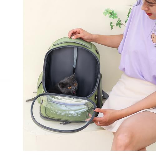 Cat Bubble Backpack,Breathable Cat Backpack Carrier Large Space Pet Travel Carrier for Kitty Small Dogs up to 15lbs,Transparent Cat Carrier for Hiking Camping Outdoor Travel (Green)