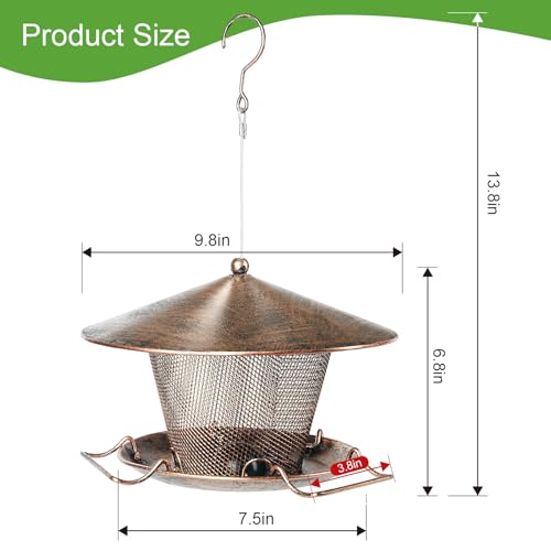 Metal Bird Feeder for Outdoor Hanging 9.8" Roof 3 LBs Seeds Capacity | Heavy Duty, Rainproof, Weatherproof, Rustproof, Large Dome, 360° Feeding, Attracts Various Birds, Easy to Refill & Clean
