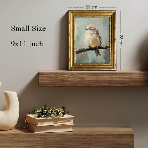 DR.RiftArt Vintage Wall Art Gold Framed Bird Decor Rustic Farmhouse Style | Cute Fluffy Bird on Branch Oil Painting, Canvas Print Artwork , For Living Room Bedroom Office 9x11 inch - color: Cute Bird, size: 11"L x 9"W