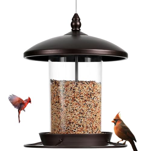 Metal Bird Feeder for Outdoors Hanging,3.0LB Seed Feeder,Easy to Fill & Clean,360° Feeding,Weatherproof Roof for Gardens and Wild Birds,Brown - color: Brown