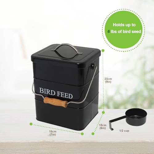 Bird Seed Storage Container Airtight,5~6LB Metal Bird Food Container with Scoop,Wild Birds Feed Tin for Storing Sunflower Seed-Ideal for Outdoor or Indoor-Squirrel proof -Black - color: Black