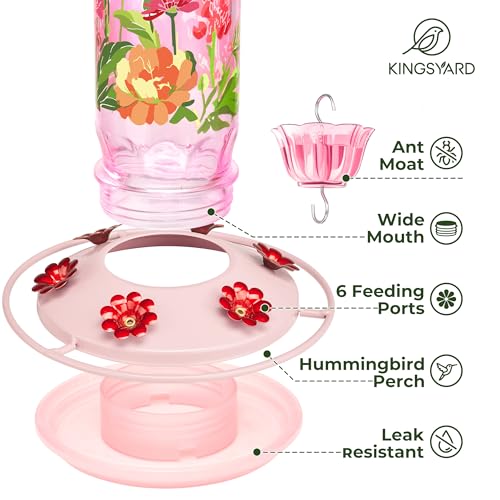 Kingsyard 2 Pack Hummingbird Feeders for Outdoor Hanging - Charming Patterned Glass Humming Bird Feeder with 6 Feeding Ports and Ant Moat, Ideal Gift Choice for Bird Lovers, Pink | Extra-Wide Mouth Bottle for Easy Cleaning, 6 Feeding Ports, Built-In Ant M