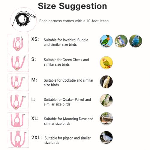 Bird Harness and 3M Elastic Flight Leash, Adjustable Parrot Harness for Budgies, Parakeets, Lovebirds, Cockatiels, Conures, Quaker Parrots, Pigeons(Pink, XS) 6350-15 - color: Pink, size: XS,for Lovebirds and similar size