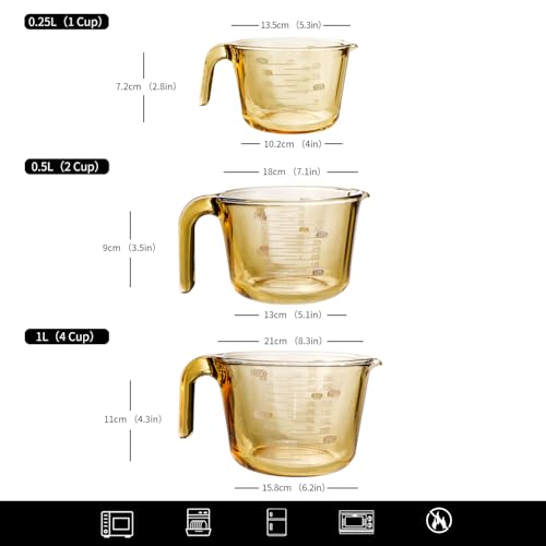 3-Piece Amber Glass Measuring Cup Set Kitchen Measuring Jug | Clear scale marking, match egg beater & flour measurer, dishwasher safe; 250ml,500ml,1000ml capacity - color: Amber