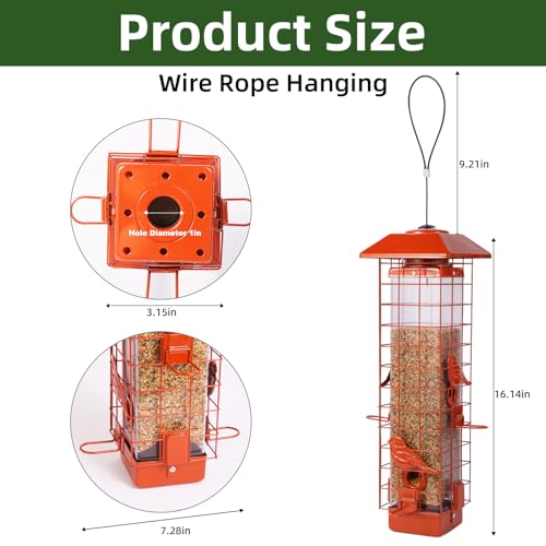 Squirrel Proof Bird Feeder, Metal Mesh Bird Feeder for Outside, Large Capacity and 4 Ports Perches (Orange) - color: Orange