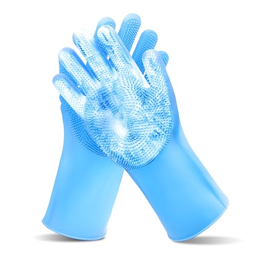Pet Grooming Gloves—Dog Washing Gloves with High-Density Teeth | Dog Bath Scrubber with Enhanced Five Finger Design, Silicone Gloves for Dogs and Cats Bathing, Massage (Blue) - color: Blue
