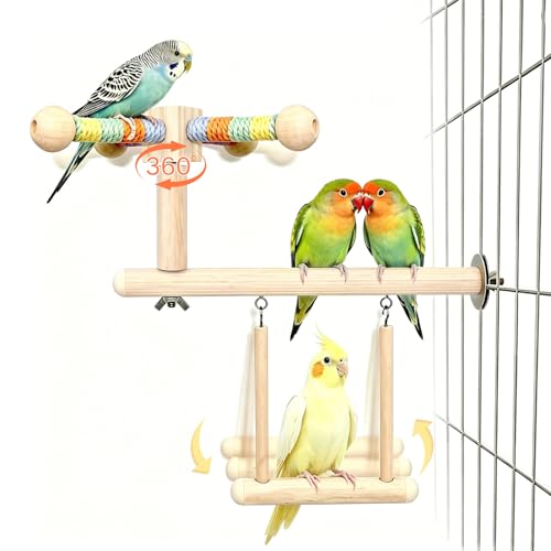 3-in-1 Bird Toys Perch Swing Rotating, Parakeet Cage Accessories | Bird Playground, Hanging Cockatiel Toys, Easy to Install & Clean, for Budgie, Conure, Lovebird, Canary, Finch - color: swing+perch+rotating