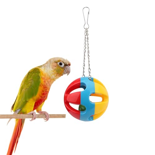 Hypeety Parrot Colorful Ball Toys with Bell Cage Hanging Chewing Ball Toy | With jingle bell inside, durable, chewproof plastic, easy-hanging, for parakeet/conure/cockatiel/small medium bird, 1 ball, B - color: B