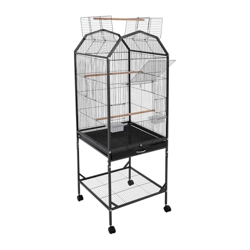 Bird Cage, 18.11 x 18.11 x 53.54 Inch Mobile Bird Flight Cage Large Metal Parakeet Cage w/Slide-Out Tray & Storage Shelf for Budgerigars Lovebirds Kea Parrots & Sun Conures - color: Black, size: 18.1"L x 18.1"W x 53.5"H