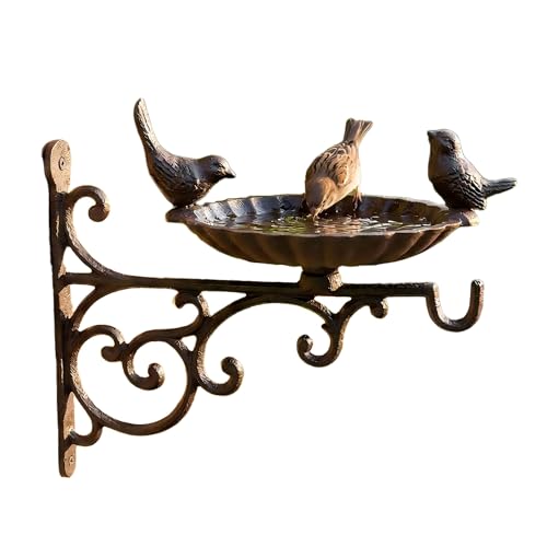 Cast Iron Bird Bath Feeder, Wall Mounted Bird Bath, Black Metal Garden Planter Hanger with Hanging Bracket, Wall Hook for Lanterns, Wind Chimes and More Garden Decorative Items
