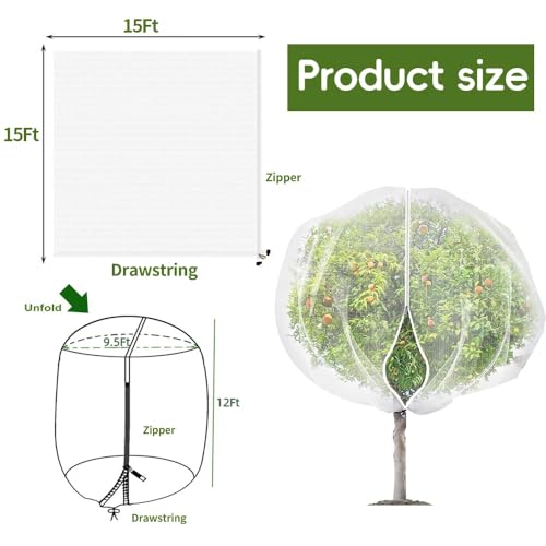 1 Pack Extra-Large Fruit Tree Netting Covers for Birds and Squirrels(15X15ft) –Bird Nets for Fruit Trees with Zipper and Drawstring, Extra Large Durable Mesh Garden Netting to Protect Fruit Trees - size: 15 X15ft