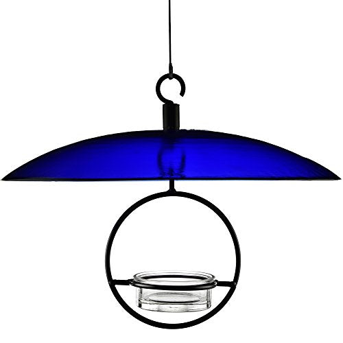 Yellow Recycled Glass Bird Feeder Dome, Hanging Weather Shield with Dual Hooks, Durable Outdoor Protection for Backyard Feeders, Cobalt Blue