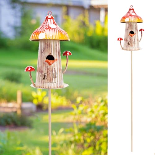 Yinns Bird House Stake for Outside, Metal Mushroom Birdhouse Garden Decor | Birdhouses for Outdoors Wild Bird Houses Pole, Decorative Metal Waterproof Bird Houses for Backyard Garden Decor - color: Colorful