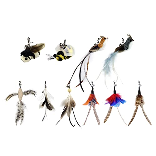 TTcat 10 Pack Cat Wand Toy Replaceable Refills, Realistic Bird Bee Insect Natural Feather Attachments with Bells, Detachable Clip-on Teaser Replacement for Cat Wand. - color: 10Pcs Clasic Refills
