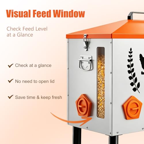 95LB Extra-Large Chicken Feeder with 10 No-Waste Ports – Galvanized Metal Poultry Feeder, Anti-Roost Roof Lid, Feed Level Window & Adjustable Cylindrical Legs – Outdoor Feed Box for Ducks & Geese - size: 95LB