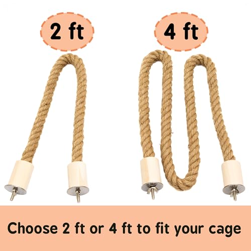 Bird Rope Perch for Parrots, Bendable Natural Jute Boing with Pine Wood and Stainless Steel Mount, Cotton Alternative, Cage Accessory for Parrots (Brown, 2 feet) - size: 2 feet
