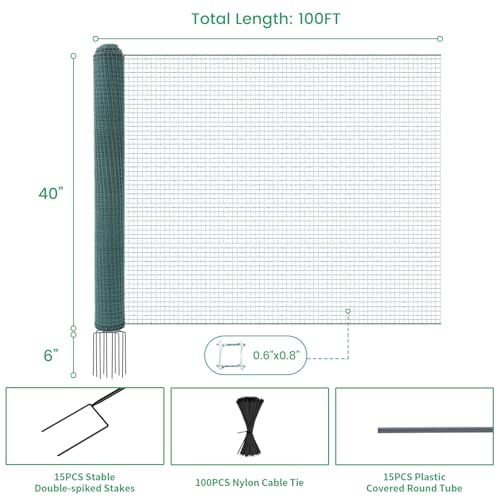 Non Electric Fence Netting 40" x100', Boundary Fence with Double Spiked Posts, Portable Poultry Fence All-Purpose Fencing for Dogs, Chickens, Ducks, Turkeys Suitable in Backyard, Garden, Farm