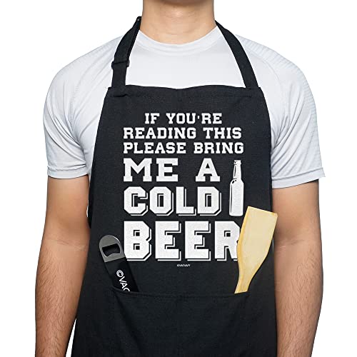 VAGAVY 100% Cotton, Black Funny Aprons for Men, Dad, Husband - Birthday, Father’s Day Grilling Gifts for Papa, Husband. - color: If You're Reading This Please Bring Me a Cold Beer - Black