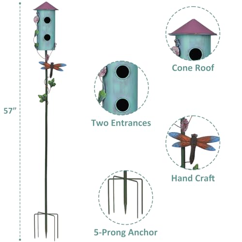 BAYN 57” Metal Bird House Stake for Outside Decorative | Rocket Design, Double-hole, Easy Assembly, Cleaning Door, Sturdy Wild Birdhouse on 5 Pronged Garden Stake Pole - style: Rocket Head