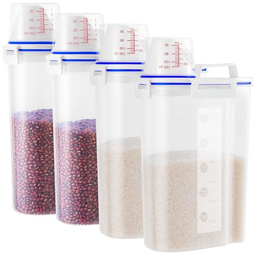 4 Pcs Set Rice Storage Container 5.5lb, Rice Dispenser with Measuring Cup & Pour Spout for Flour Pasta Grain Pet Dog Cat Bird Food Storage Container - color: Blue-4