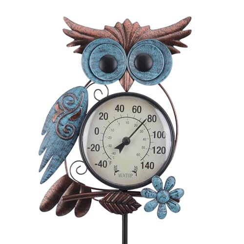 Outdoor Thermometer, Owl Outside Decor for Patio, Yard and Garden | No Battery Needed Garden Stake Wall Art Gifts Idea Waterproof - color: Cyan