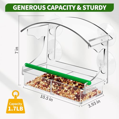 Window Bird Feeder for Outdoors, Acrylic Bird Feeder with Strong Suction Cups, Perfect for Up-Close Viewing, Removable Seed Tray with Drain Holes to Keep Nuts Fresh & Dry, Clear