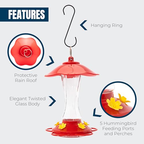 MEKKAPRO Glass Hummingbird Feeder 2-Pack 10 oz Red Outdoor, Easy Assemble | Built With A Metal Ring, This Red Hummingbird Feeder Duo Provides Bee-proof Glass Design For Outdoor Spaces - color: Modern, size: 10oz