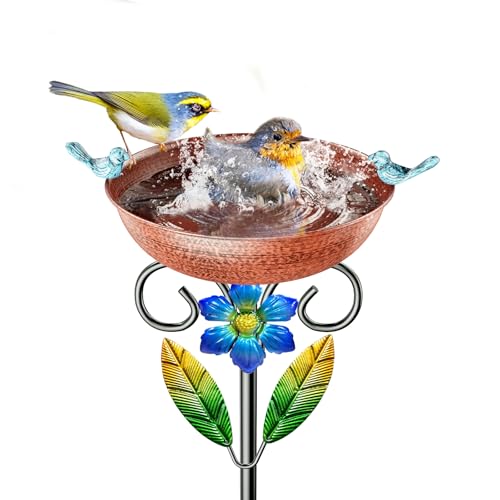 Metal Bird Bath for Outside, Vintage Freestanding Birdbaths & Birdfeeder Combo with Rust-Resistant Stake, Bird Baths Feeder Bowl for Outdoors Garden Patio Yard Lawn Decor - style: Brown+Flower