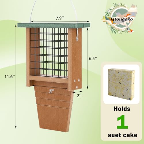 Gtongoko Recycled Plastic Suet Bird Feeder for Outside Hanging, Woodpecker Suet Feeder with Tail Prop, Hanging Suet Holder Birdfeeders, 1 Pack, Green