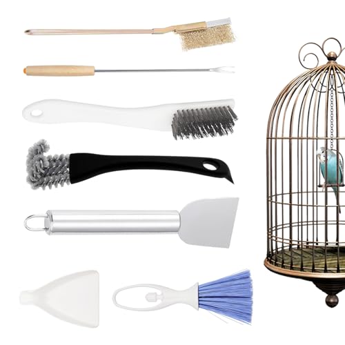 7-Piece Set Bird Cage Cleaner,Small Animal cage Cleaning Tool Wooden and Stainless Steel Cleaning Brush Long Handle Cleaning Brush Spatula Bird Cleaning Bird Drops Multipurpose Cleaning(B) - color: 7b