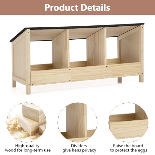 COZIWOW 3-Compartment Chicken Nesting Box Waterproof Asphalt Roof, Wooden Nesting Boxes for Chicken Coop/Farm/Backyard, Easy to Install, Chicken Laying Boxes for Hens, Poultry, Quail, Pigeons
