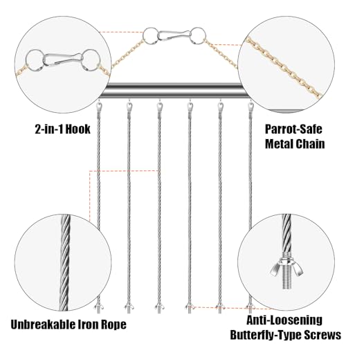 Stainless Steel Parrot Toy Hanging Rack, Large Bird Toy Stand with 6 Hanging Cables & Swivel Hooks, Chew Toy Holder for Macaws, Cockatoos, African Greys, Bird Cage Accessory for DIY Toy - color: SILVER