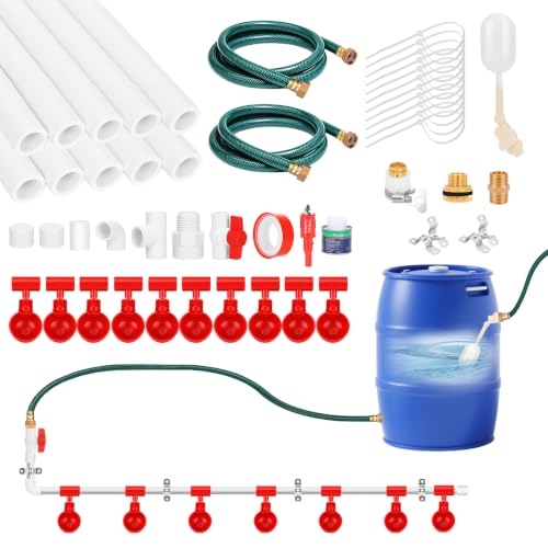 Complete Set Pipeline Automatic Chicken Waterer System, Pipe Chicken Waterer with Water Cups Removable and Washable, Poultry Watering System for Chick Duck Quail (Red, 10 Cup)