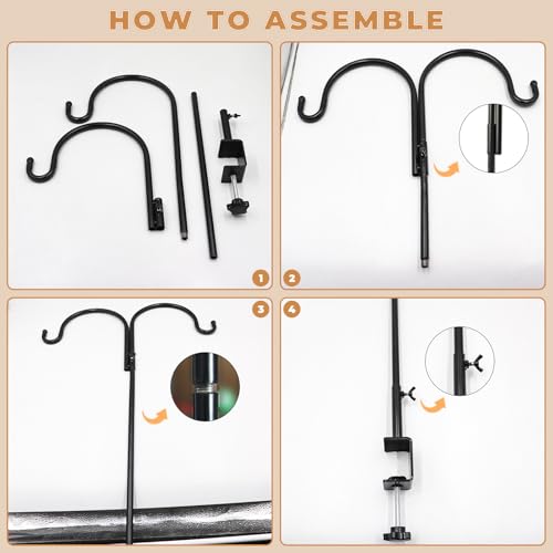 Double Shepherds Hooks for Outdoor, Deck Bird Feeder Hanger for Railing, Over The Table Rod Stand with Clamps, Shepherds Hook with Clamp for Lanterns, Wind Chimes, Flower, Plant Baskets