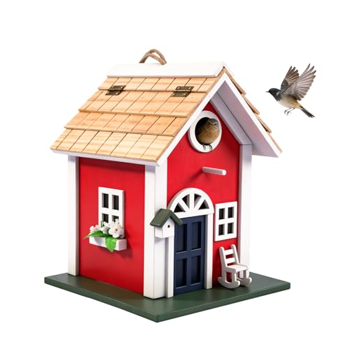 MEWANG Rustic Wooden Bird House for Outside - Hanging Colorful Bird Feeder Cottage, Unique Garden Decor Gift for Hummingbirds, Bluebirds & Wild Birds - color: Red