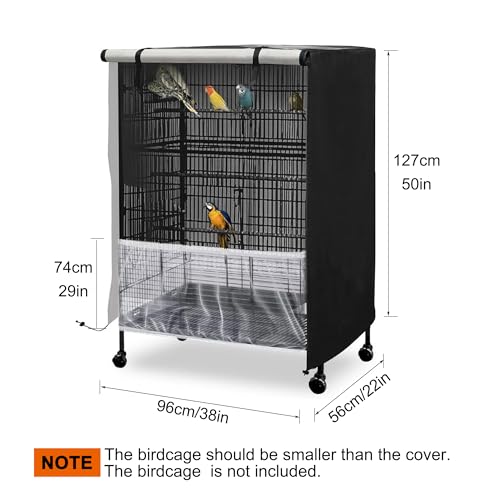 Bird Cage Cover, 600D Universal Parrot Cage Cover for Night, 100% Shading Oxford Cloth with Waterproof PU Coating Layer, Adjustable Soft Airy Nylon Mesh Net