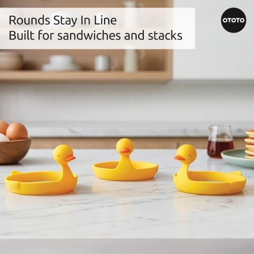 OTOTO Egg Rings 3 Pack - Silicone Egg Separators with Duck Holders, Egg Circle Mold Set, Egg Ring for Sandwiches, Pancake Molds & Fried Eggs, Unique Kitchen Gadgets, Fun Gifts (Sunny Side Duck) - color: Yellow