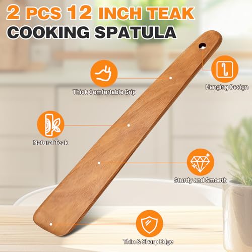 2PCS Teak Wooden Spatula for Cooking, 12 Inch Wood Spatula | Turner & Egg Flipper Scraper for Cast Iron, Flat Wood Cooking Utensils, Spatulas Spoons Perfect for Gift Ideas, Kitchen Gifts - size: Flat Spatulas