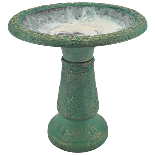 Arcadia Garden Products BB04 Fiberclay Bird Bath Outdoor Garden Decor, Antique Vintage Weather Resistant Water Bowl for Backyard and Patio and, 20-inch Tall, Green - color: Green