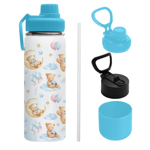 Bear 18oz Water Bottle, with 2 Lids Handle, Insulated Travel Cup | 18oz Stainless Steel Sports Tumbler,Reusable Leak proof Anti Slip Boot Mug, Christmas Birthday Gift for Son Daughter - color: TeddyBear