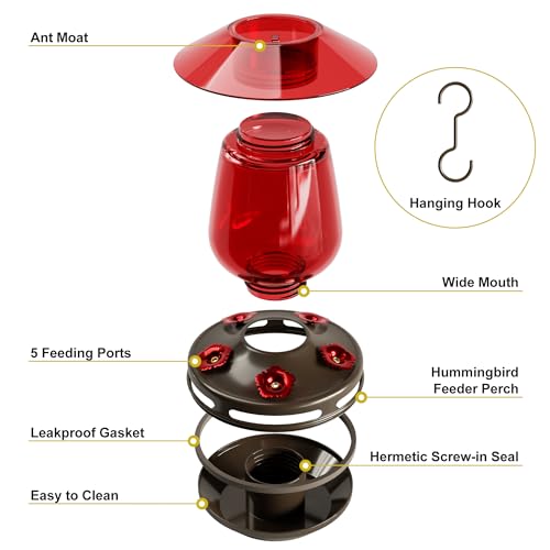 Auslar Glass Hummingbird Feeder for Outdoors, 16 Oz Bird Nectar Feeder, Red | Ant Moat & 5 Feeding Ports, Durable Glass, Ant and Bee Proof, Leakproof, Easy Clean and Fill, Garden Hanging Decor - color: Red