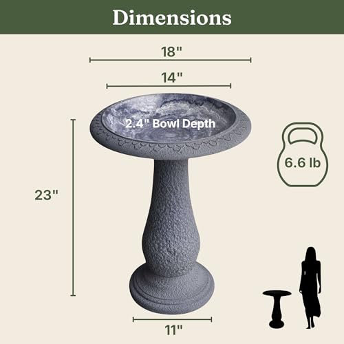 Pedestal Birdbath with Solar Fountain, Resin Stone Composite Outdoor Garden Decor, Standing Bird Bath for Outside Patio Yard, 23-Inch Tall, Garden Fountain, Resin Bird Baths, Hummingbird Bowl - color: Weathered White
