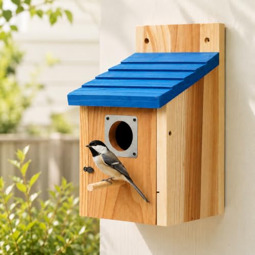 Wooden Birdhouse, Natural Cedar Nesting Box with Blue Roof, Predator Guard, Cleanable Door for Finch, Wren, Sparrow