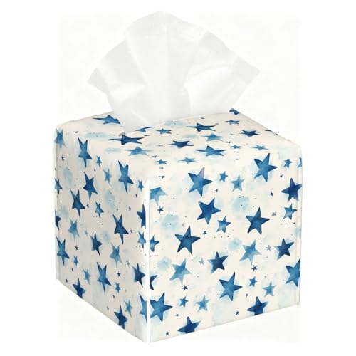 Watercolor Star Tissue Box Cover, PU Leather Holder with Blue Star Pattern for Living Room/Bathroom/Bedroom/Kitchen, Gift for Housewarming & Style-Focused Homeowners - color: White Decoration Theme-03