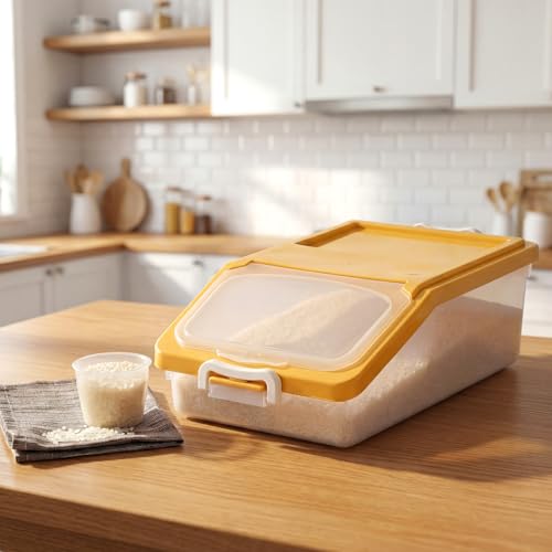 3 Pcs Rice Storage Container 11 lb Airtight Flour Container with Wheels Measuring Cup Clear Pet Food Dog Cat Birds Food Bin Grain Cereal Organizer Box for Dry Baking Supplies(Yellow) - color: Yellow