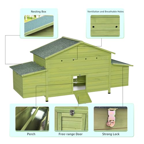 YOPTO Wooden Chicken Coop, 70 in, 2 Nesting Boxes, Green | Solid wood, Waterproof roof, 2 nesting boxes, Pull-out tray, Lockable doors, Ventilated design, Chicken perch - size: 70.0"L x 27.9"W x 31.8"H