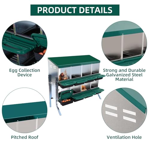 GarveeTech 8-Hole Poultry Nesting Box with Bracket & Egg Collection Tray, Chicken Laying Box with Ventilation Design for Hens & Ducks, Ideal for Backyard Coops and Small Farms - color: Green, size: 8 holes with legs