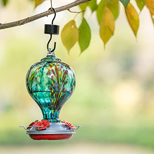 2 Packs Hummingbird Feeder for Outdoors Hanging Ant and Bee Proof, 32OZ Hand Blown Glass Hummingbird Feeders for Outside, Christmas Decoration Gifts for Mom (Teal & Red) | LaElvish Garden 2 Packs Hummingbird Feeder for Outdoors Hanging Ant and Bee Proof,